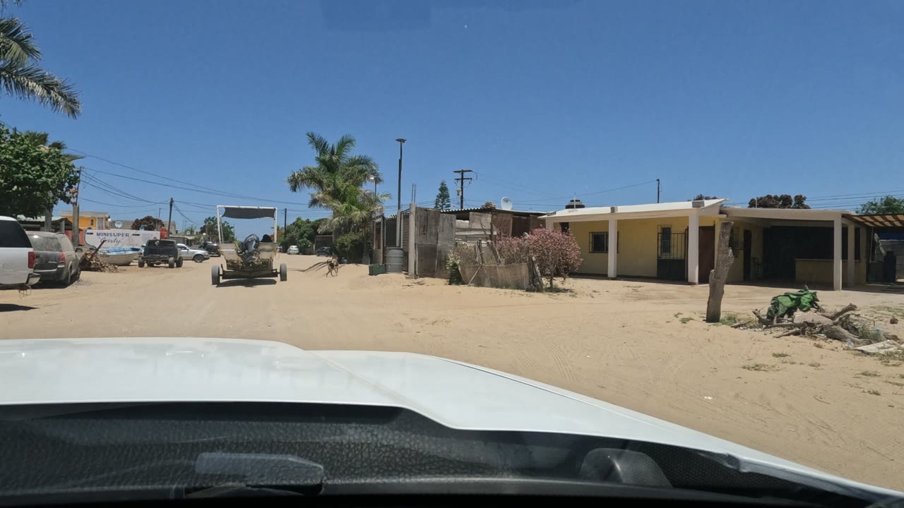 Baja California, Mexico windshield view at the start of the clip, showing a sandy road, low homes, palm trees, parked vehicles, and a small dog ahead with no visible people.