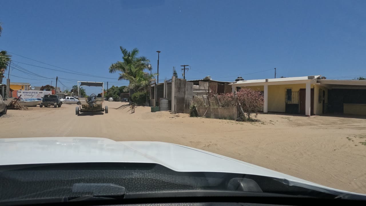 Baja California, Mexico driving view with the white hood across the bottom, a yellow residence and fenced yard ahead, palm trees, parked cars, and no visible people.