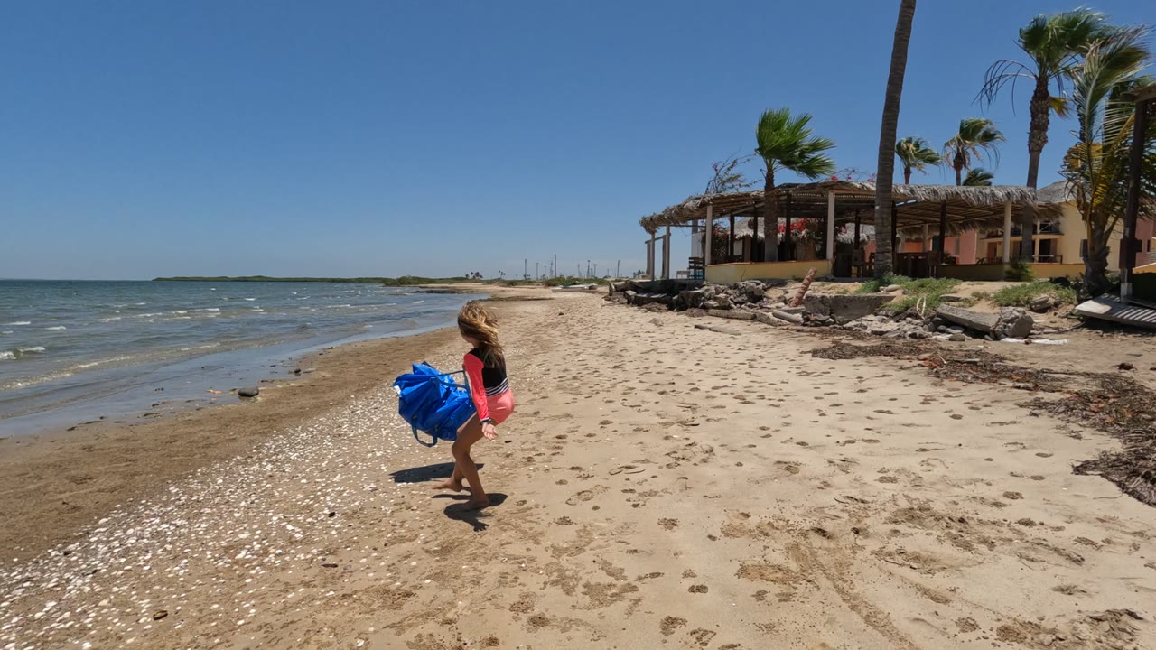 Girl holding a blue bag near the shoreline.