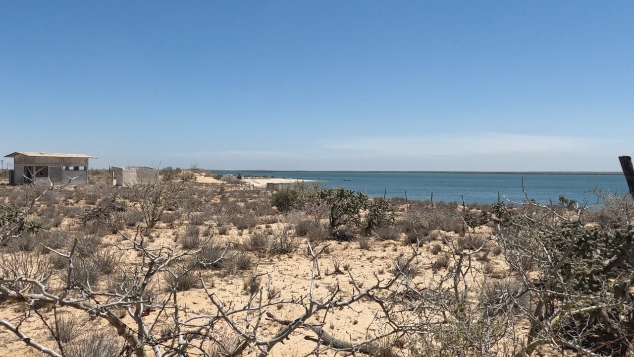 A small plain structure appears near the left side of the Baja California, Mexico coastal desert, with sparse shrubs, ocean, and no visible people.