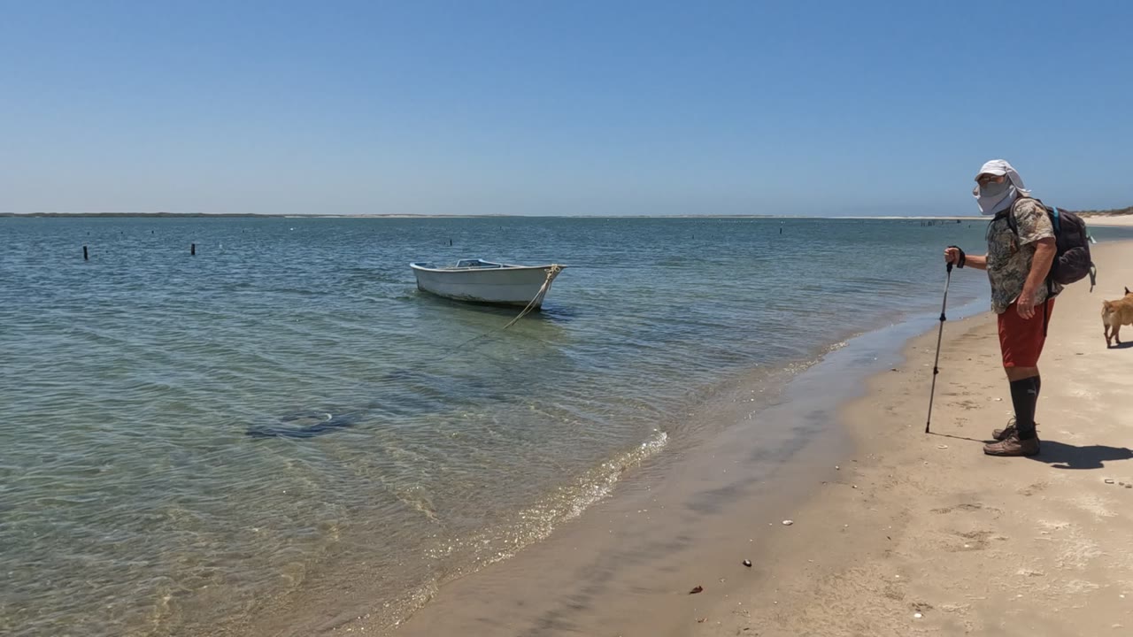 A small white boat floats in shallow blue water off a sandy Baja California, Mexico beach, with no visible people in this opening shoreline frame.
