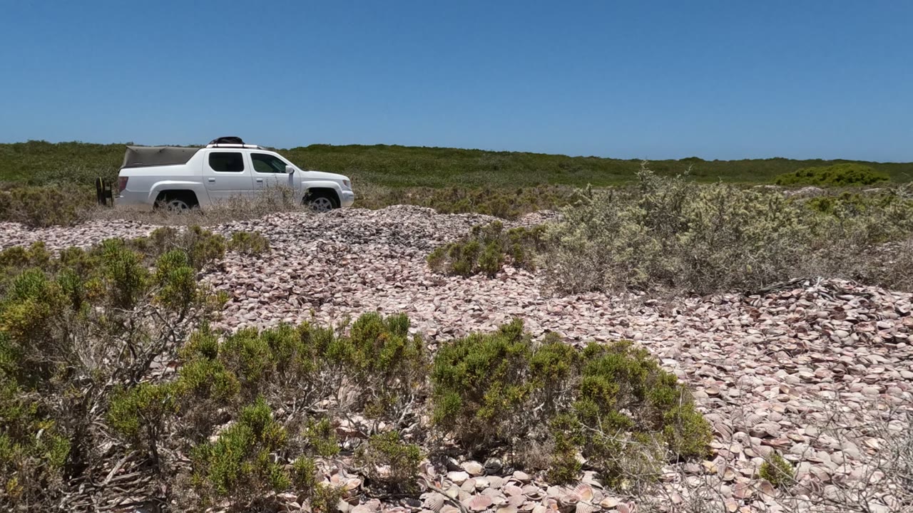 Two seconds into the Baja California, Mexico clip, the white pickup sits toward the right side of the frame beyond a broad foreground of shells or pale rocks and desert shrubs, with no visible people.