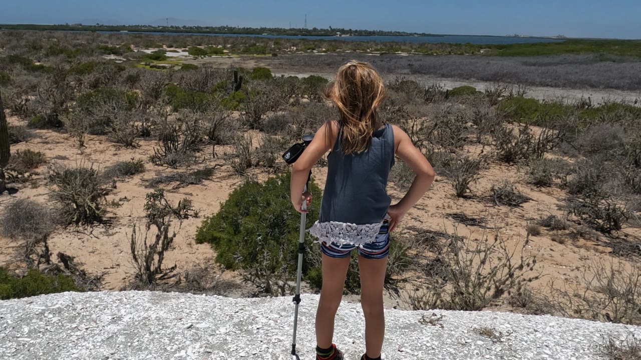 A girl stands with her back to camera on a white overlook in Baja California, holding a stick above sandy scrub, cacti, distant water, and blue sky.