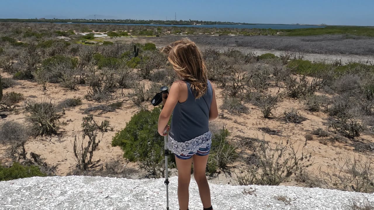 Girl turns sideways with a stick on a white overlook above desert scrub.