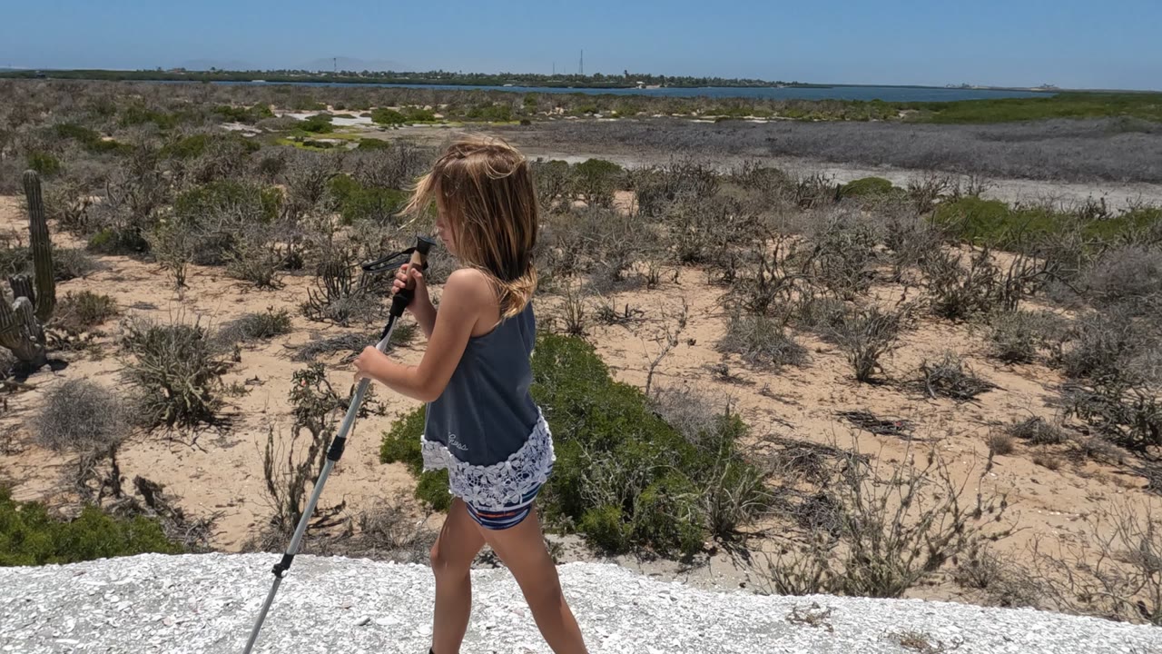 A girl in profile walks along the white overlook in Baja California while holding a stick, with desert shrubs, cactus, distant water, and a clear horizon behind her.