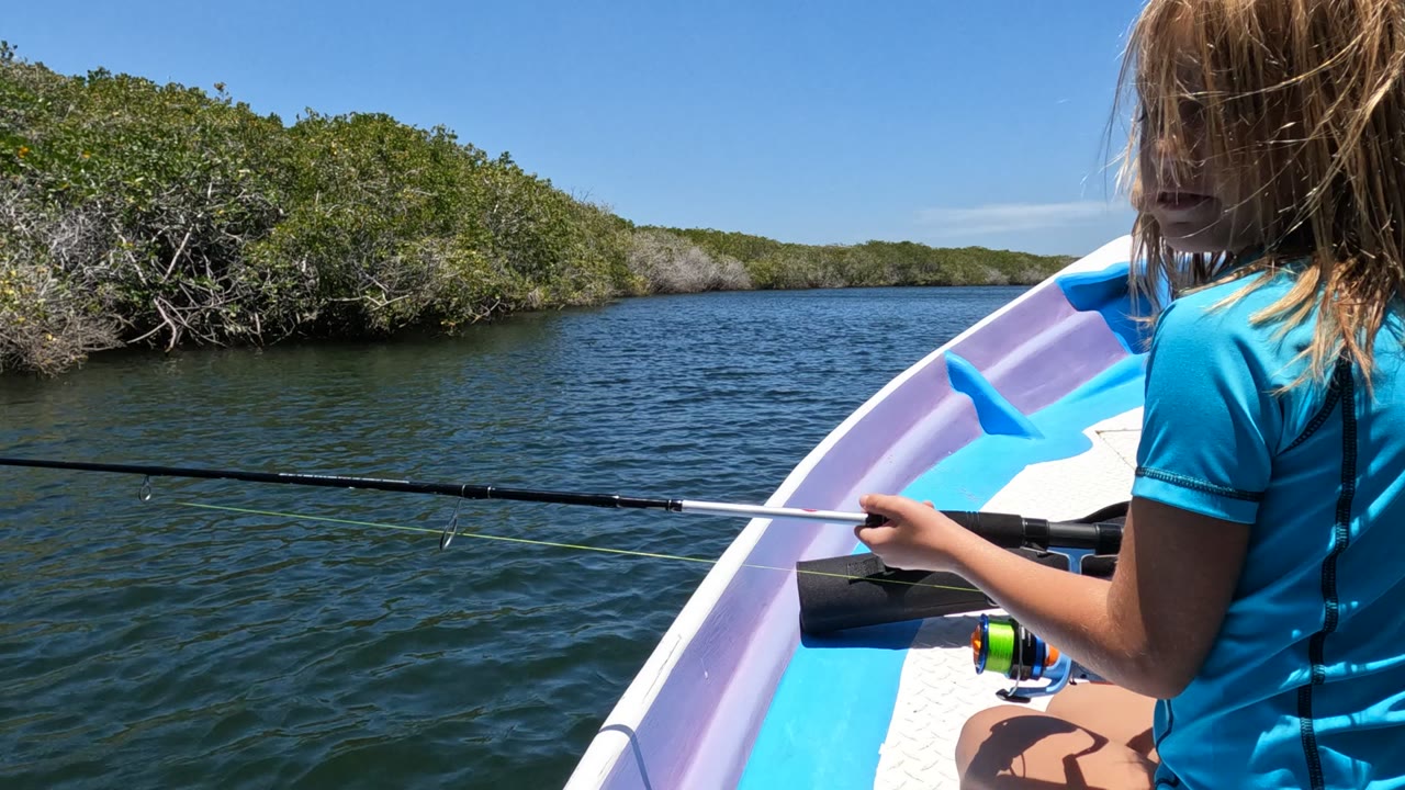 A young girl in a blue shirt sits at the bow of a small boat in Baja California, Mexico, holding a fishing rod over rippled water near a mangrove-lined shore.