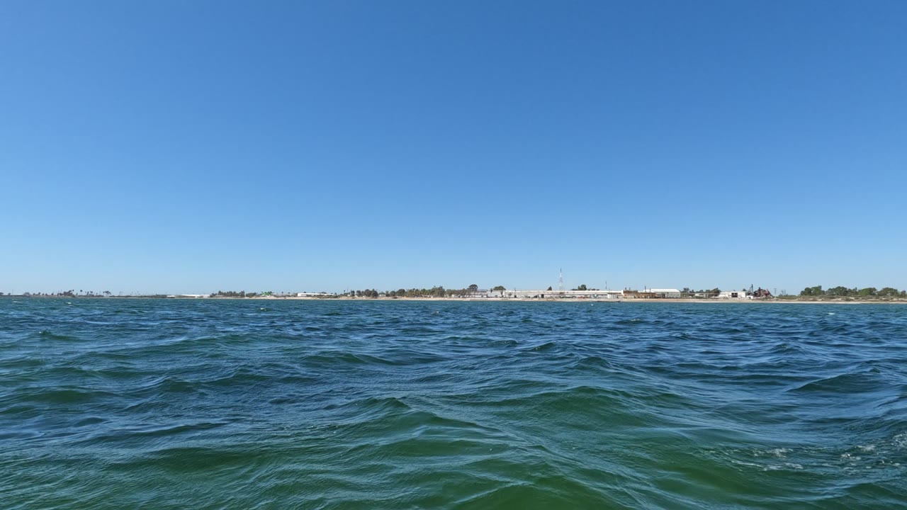Blue green waves fill the foreground in Baja California, Mexico, with a low distant shoreline and clear blue sky behind them, no visible people.
