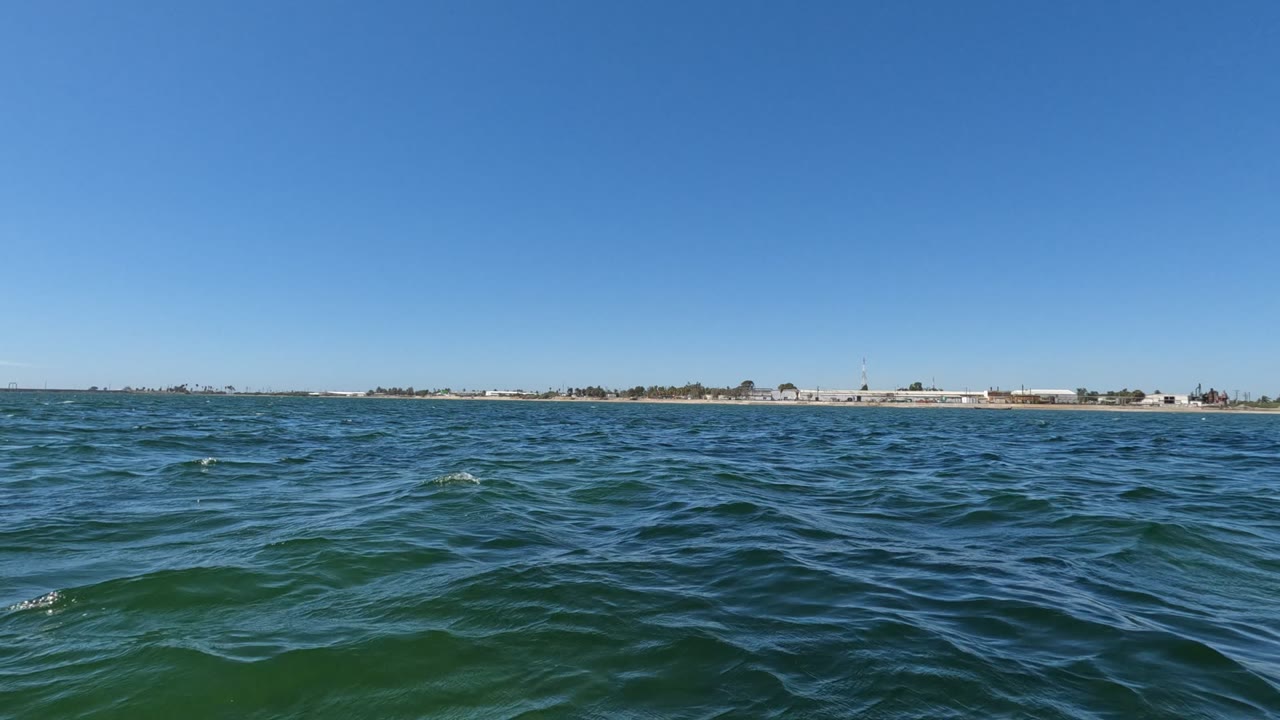 Small choppy waves rise across the foreground while the Baja California shoreline stays as a narrow background strip beneath a clear blue sky, with no visible people.