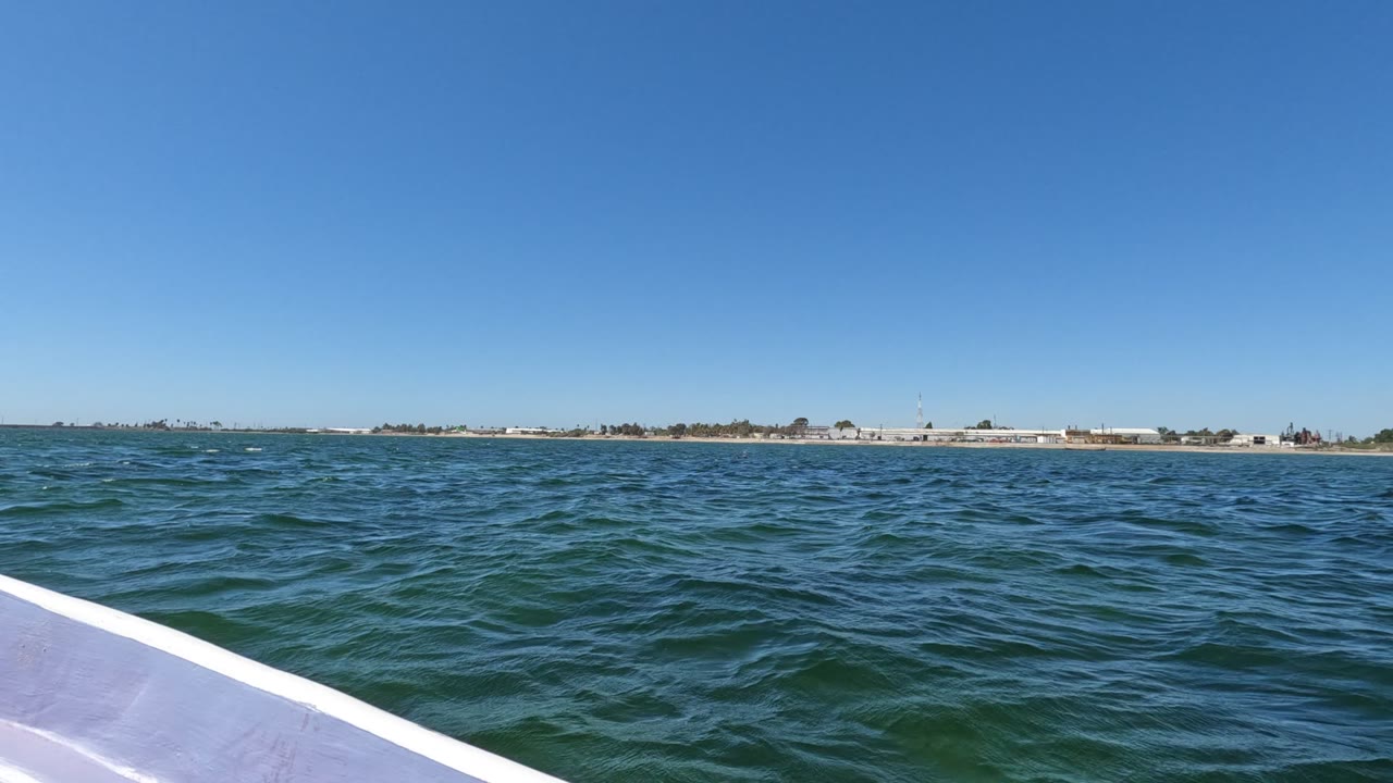 Ocean surface with a white boat edge in the foreground and shore on the horizon.