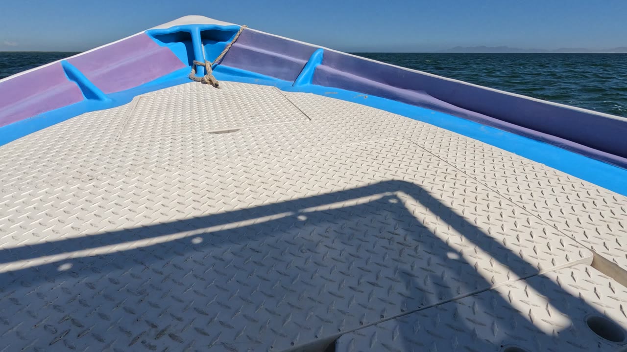 Centered boat bow deck under bright sun with ocean ahead.