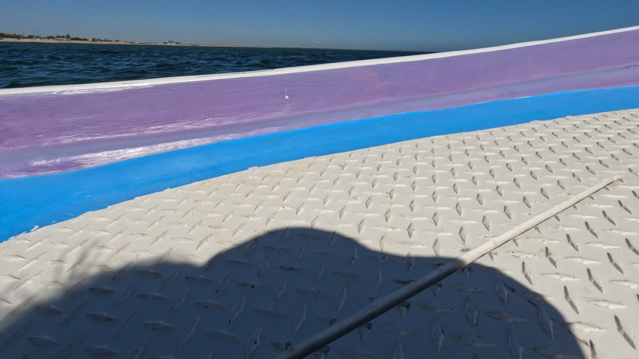 Baja California, Mexico boat deck with white diamond plate, purple and blue side rail, ocean in the background, a cast human shadow on the deck, and no visible people.
