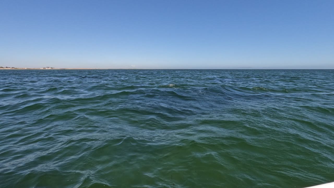 Boat interior with blue and purple seating facing choppy water and a distant shore.