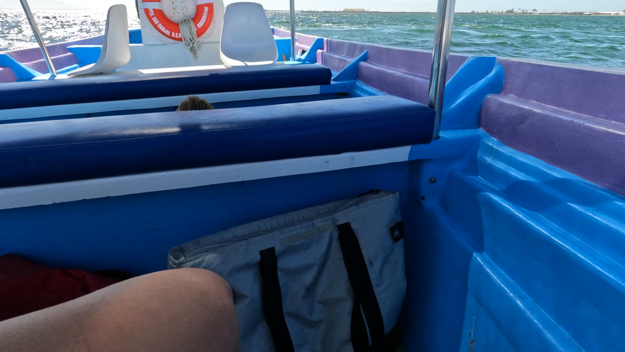 Inside a small boat in Baja California, Mexico, blue seating, a gray bag, a passenger leg, a lifebuoy, and sunlit ocean water are visible at the start of the clip.