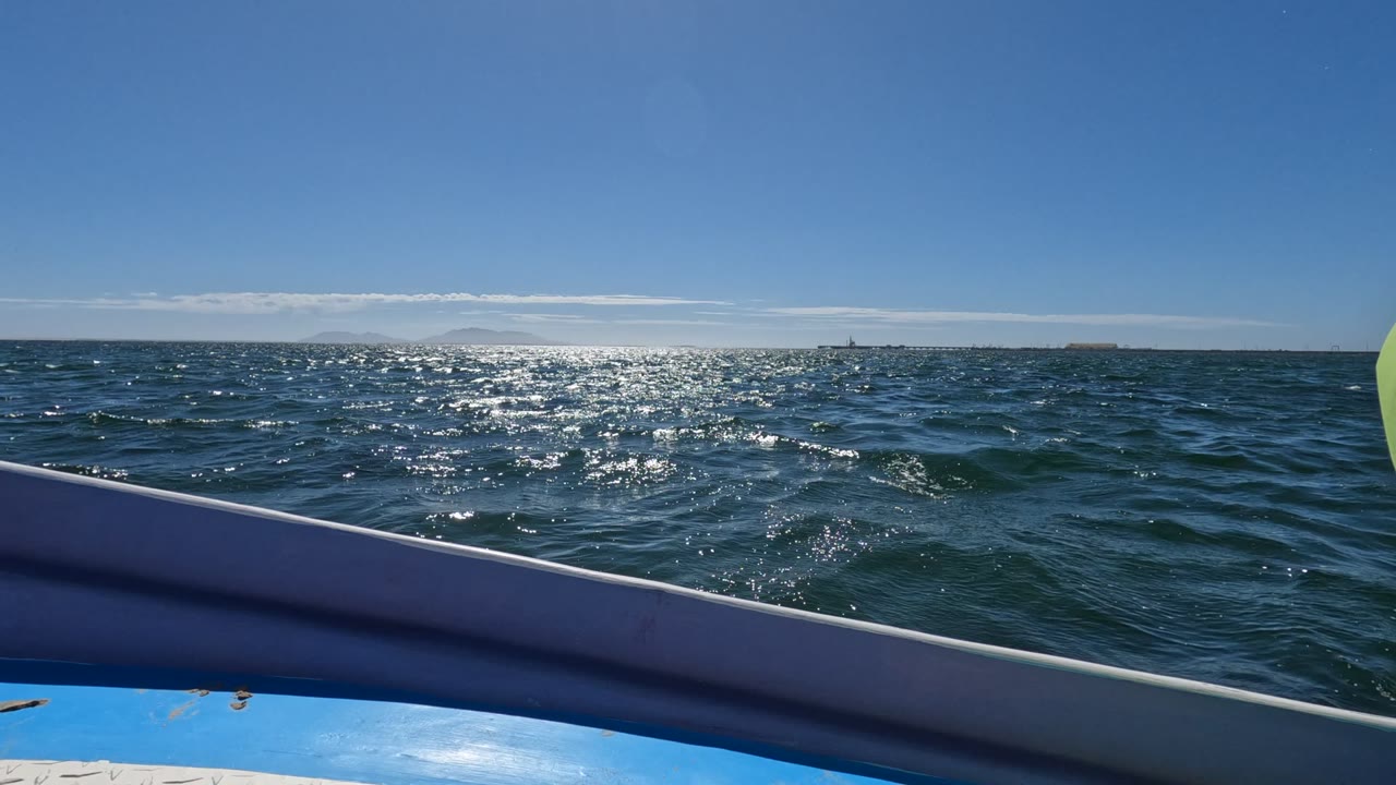 Baja California, Mexico ocean view with dark blue chop in the midground, a pale horizon line, boat railing in front, and no visible people.