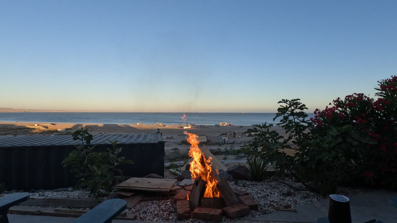 Tall flames rise from a beach fire pit at dusk