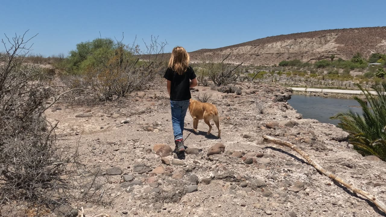Girl and dog farther along a rocky trail beside desert shrubs and water.