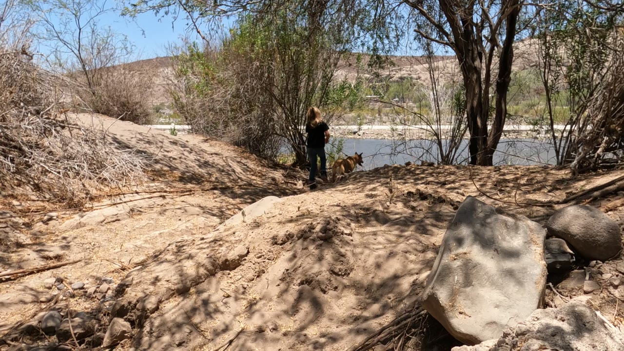 A person stands with a brown dog on a sandy riverbank in Baja California Mexico, with dry brush, rocks, blue water, and pale hills behind them.