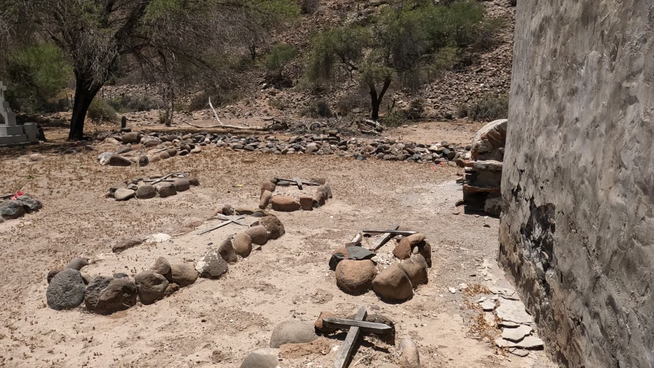 Baja California rural cemetery with stone-ringed tombs in sandy ground, a pale tree trunk at right, crosses in the background, and no visible people.