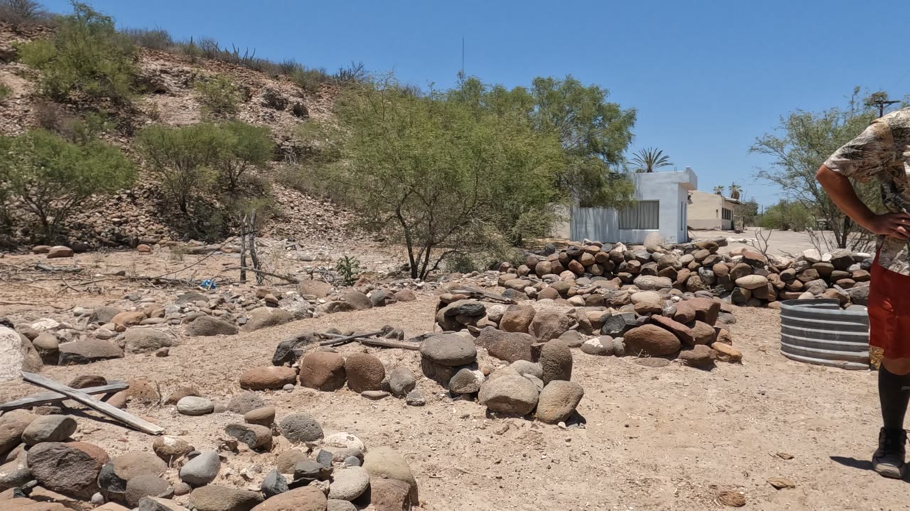 Baja California, Mexico rocky arid terrain with a tree trunk at left, low stone piles, sparse trees, a metal barrel, a pale building, and a partial person at the far right.