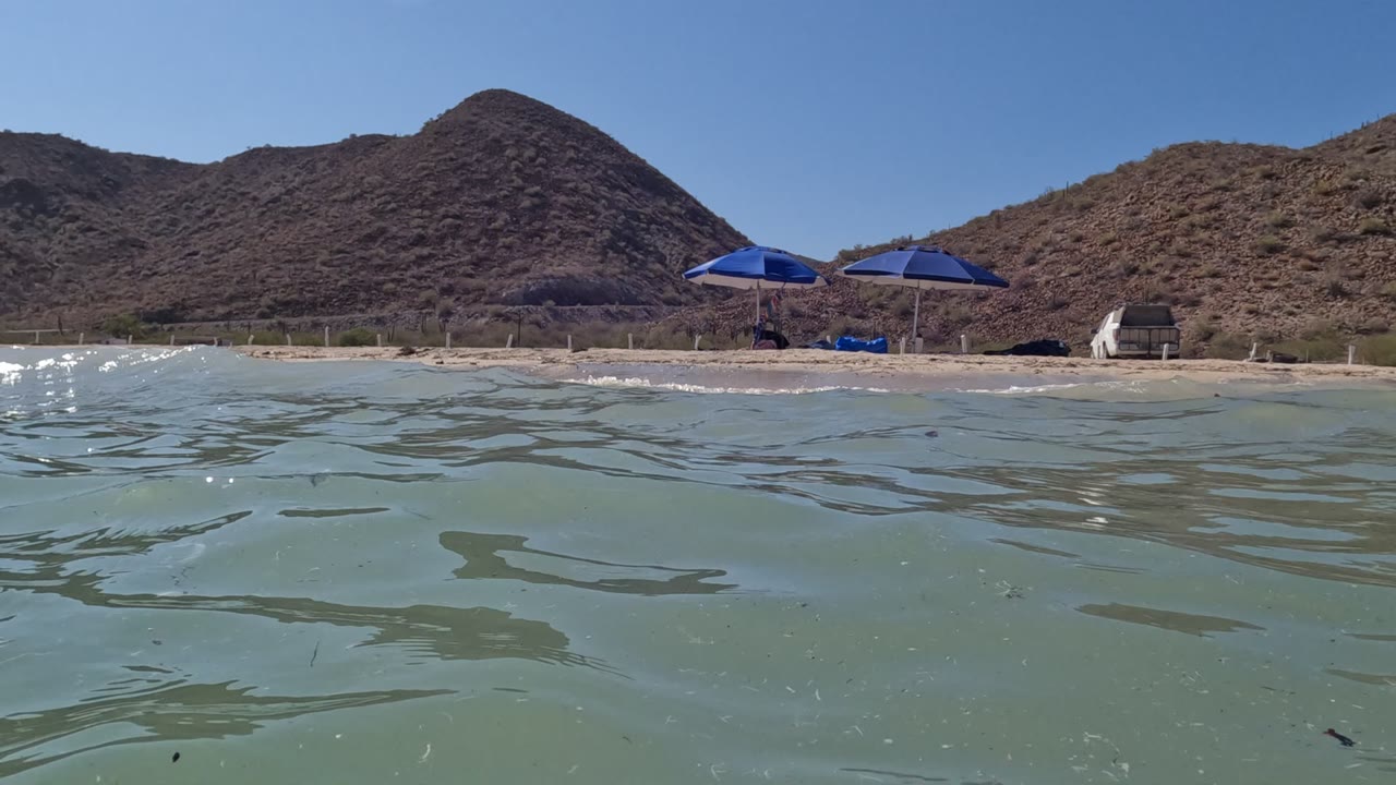 Water-level view in Baja California, Mexico, with rippled pale green water in front, two blue umbrellas on the sandy beach, brown hills behind, clear sky above, and no visible people.