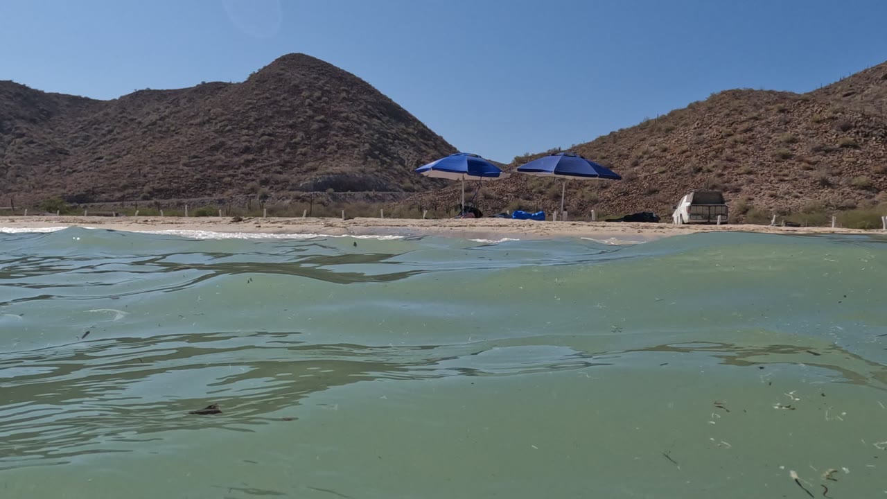 Rippled water fills most of the frame in Baja California, Mexico, with two blue umbrellas and a sandy shore set below rounded dry hills, and no visible people.