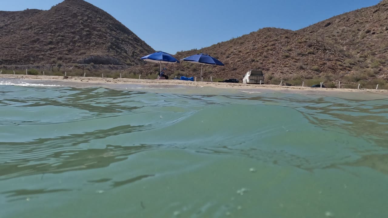 Baja California, Mexico beach seen from the waterline, with green-blue water in front, blue umbrellas on sand, rocky hills behind, and no visible people.