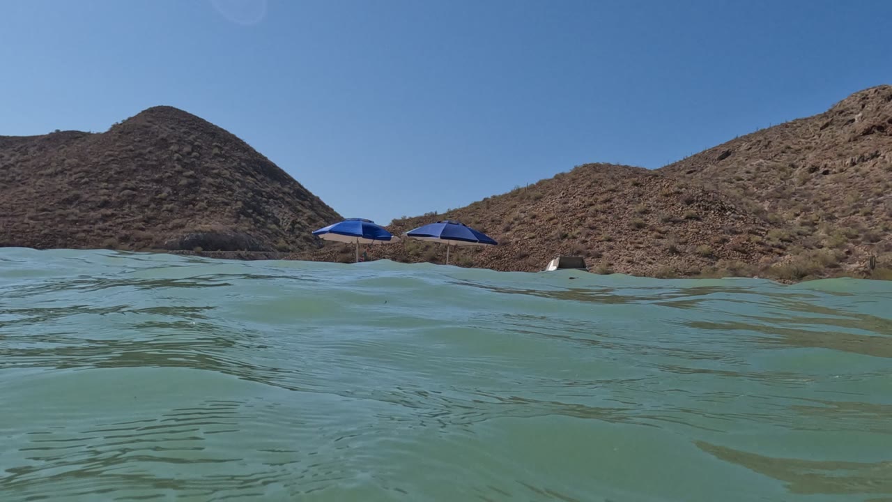Half-submerged Baja California, Mexico shoreline view with rippled foreground water, two blue umbrellas near the sand, dry mountain slopes, clear sky, and no visible people.