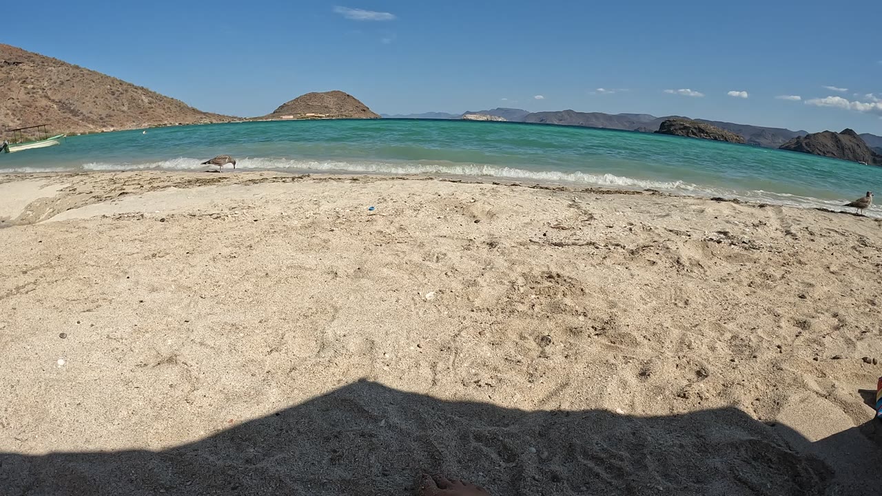 Baja California, Mexico beach at the start of the clip, with shaded sand in the foreground, turquoise waves, distant hills, rocks at right, and a small person visible near the waterline.