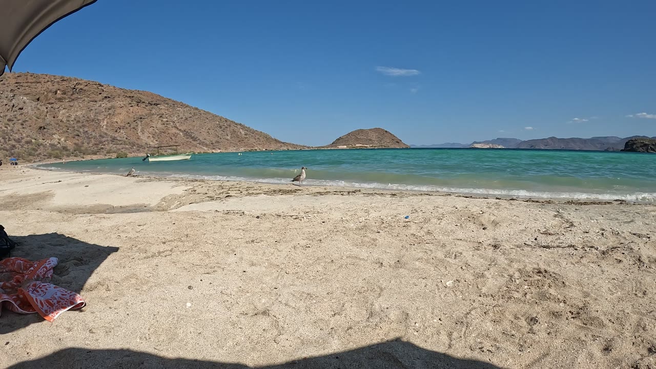 Turquoise surf reaches the sandy shore below rocky hills and a clear sky.