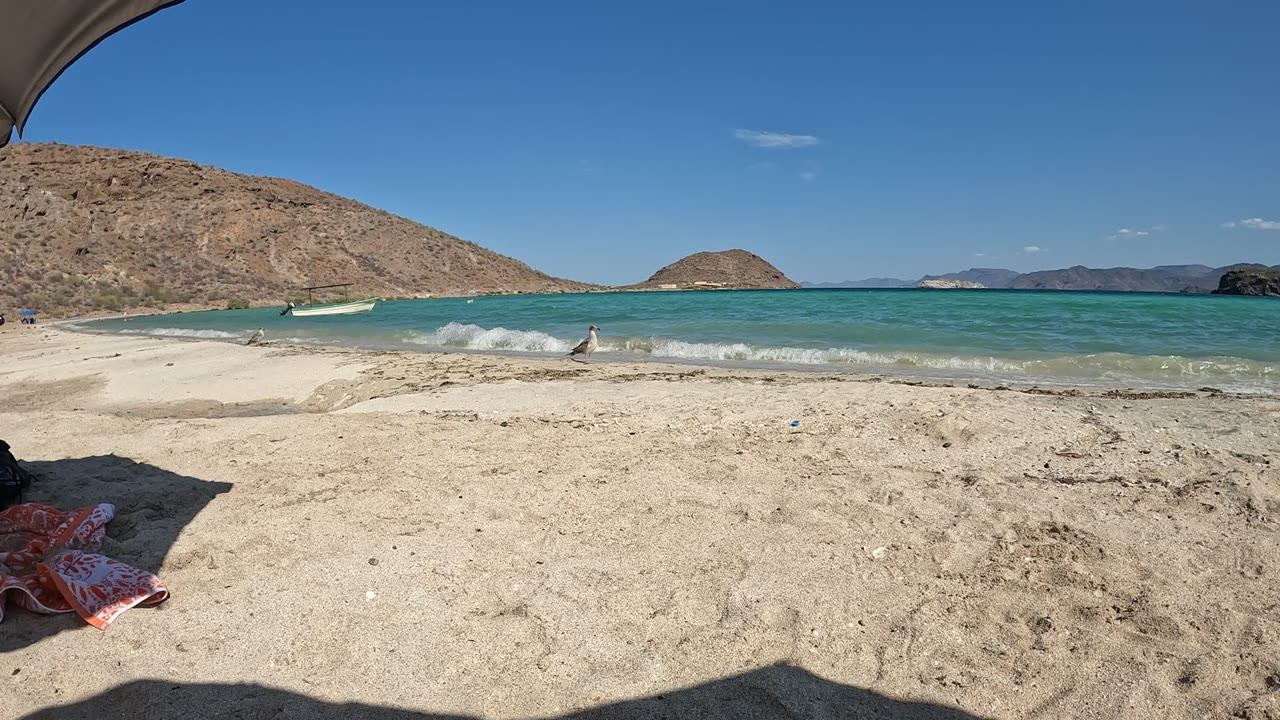 Baja California, Mexico beach frame with the surf line slightly advanced, a beachgoer near the center waterline, a small boat left of center, and dry hills in the background.
