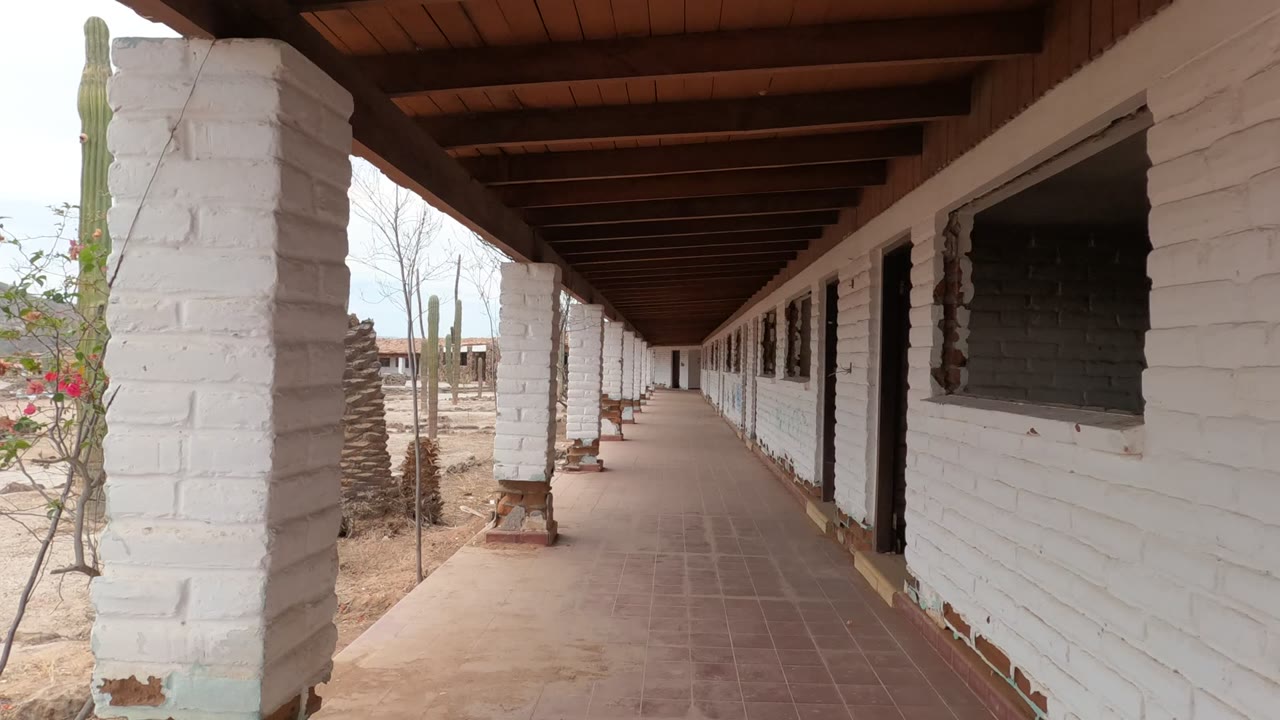 Start of a Baja California covered walkway view with white brick columns close to camera, tiled floor receding under wooden beams, cactus outside, and no visible people.