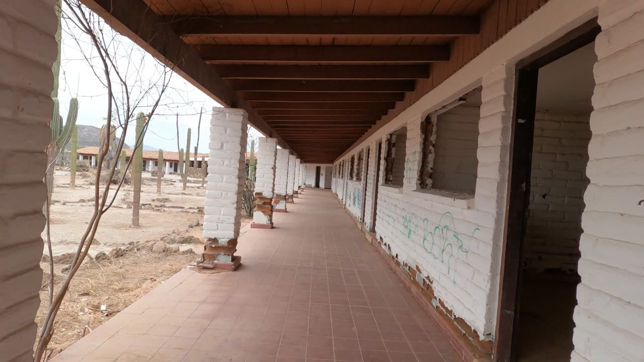 White brick corridor with tiled floor, columns, and cacti outside.