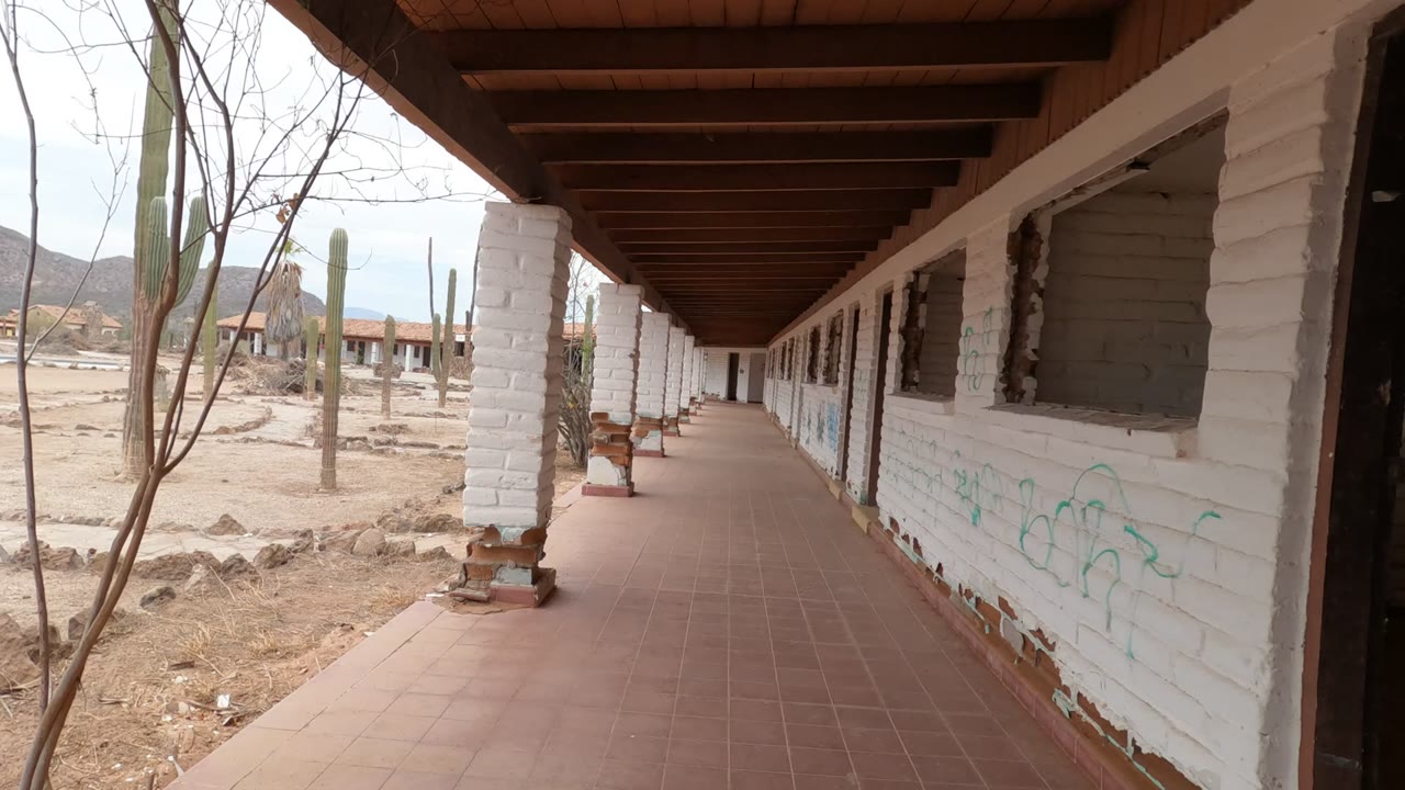 The camera is farther along the Baja California walkway, with a large dark doorway at right, white brick pillars, dry desert ground, cactus trunks, and no visible people.