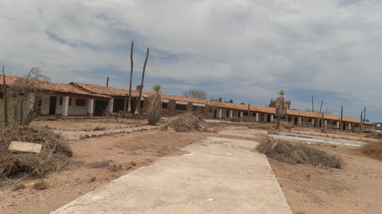 Concrete path beside dry brush near abandoned building