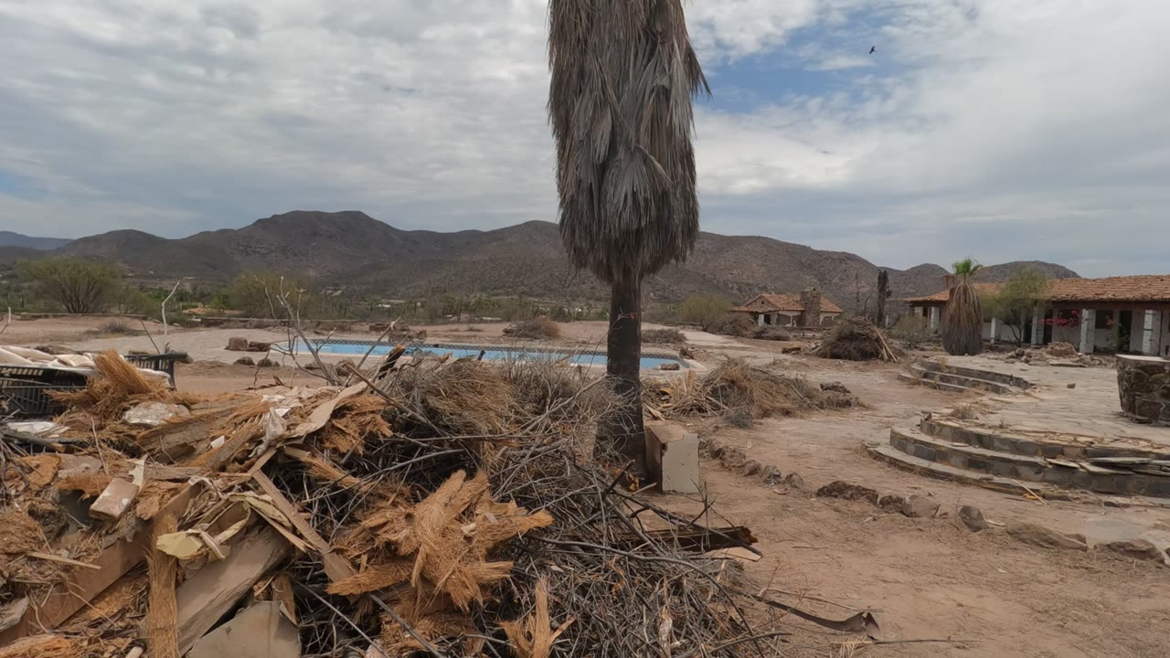 Damaged yard with rubble, palm trunk, pool edge, buildings, and desert hills.