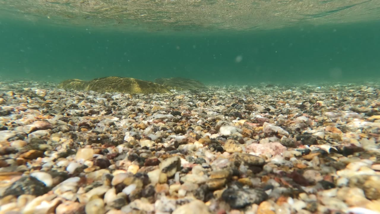 Pebbles and rounded rocks seen through clear shallow water