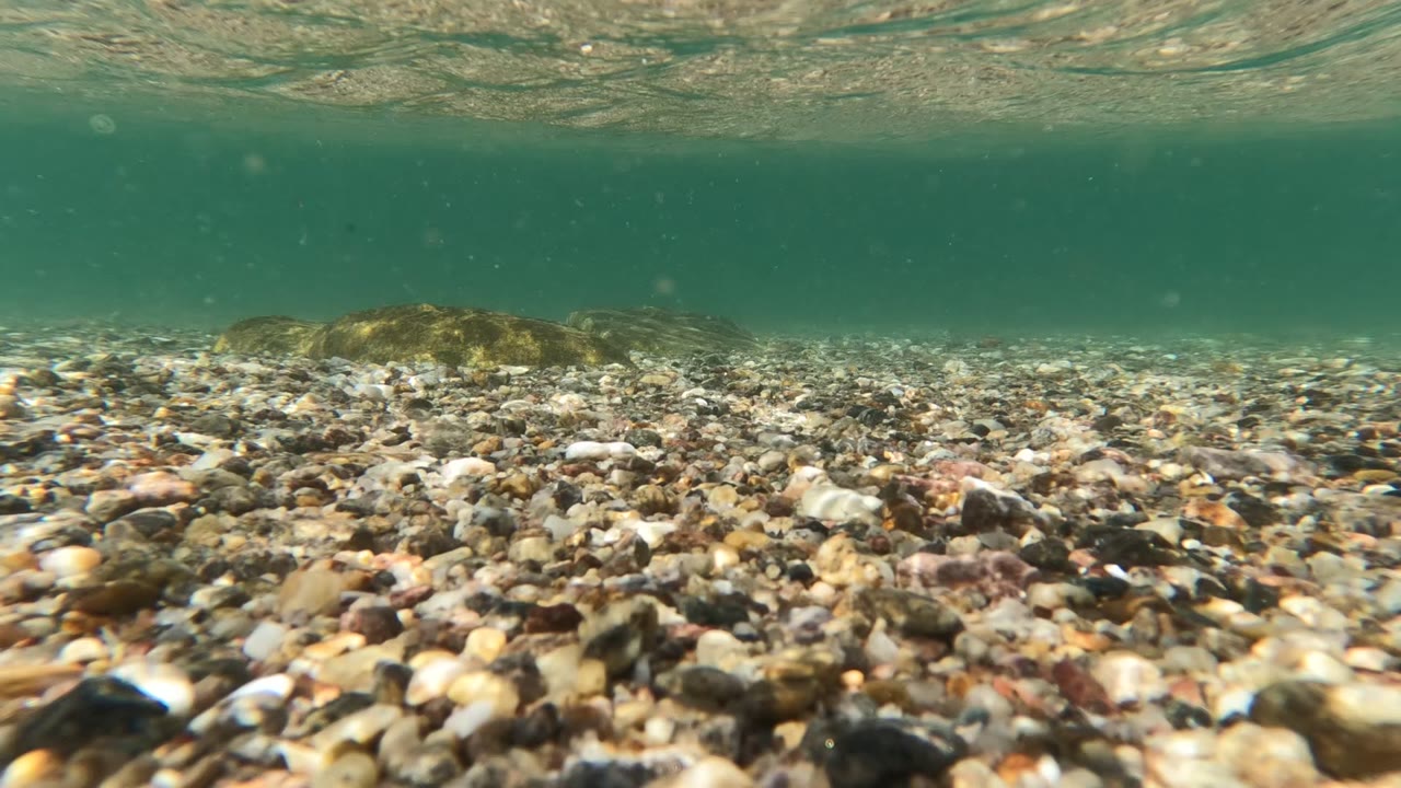 A low seabed view in Baja California, Mexico, with refracted light across mixed pebbles, green water, and no visible people.