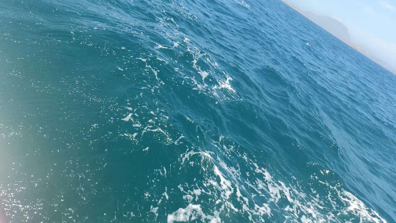Close blue ocean surface with white foam streaks.