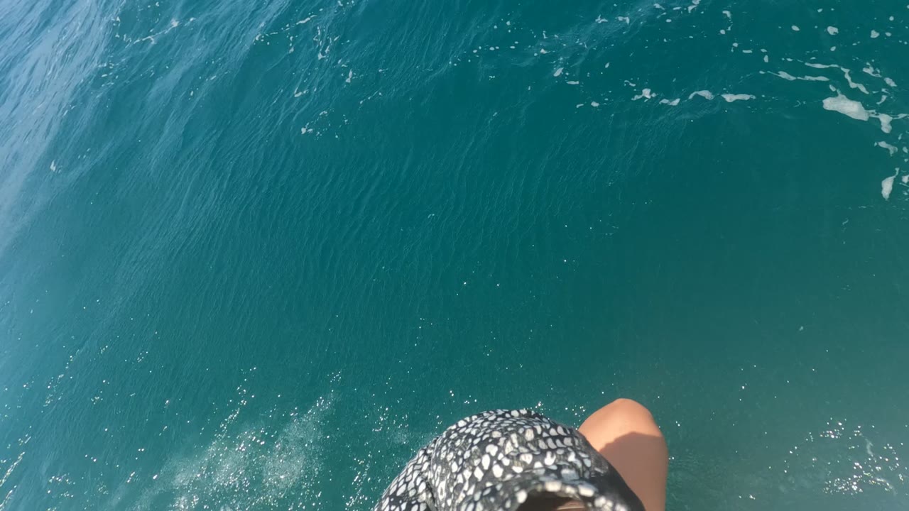 Turquoise water with a patterned sleeve and knee at the lower edge.