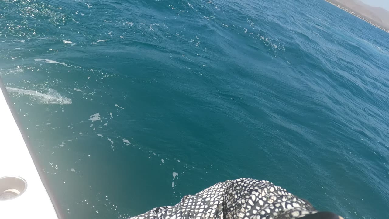 At 0:02 in Baja California, Mexico, turquoise water and small foam marks pass near the white boat edge, with only the lower part of a patterned sleeve visible.
