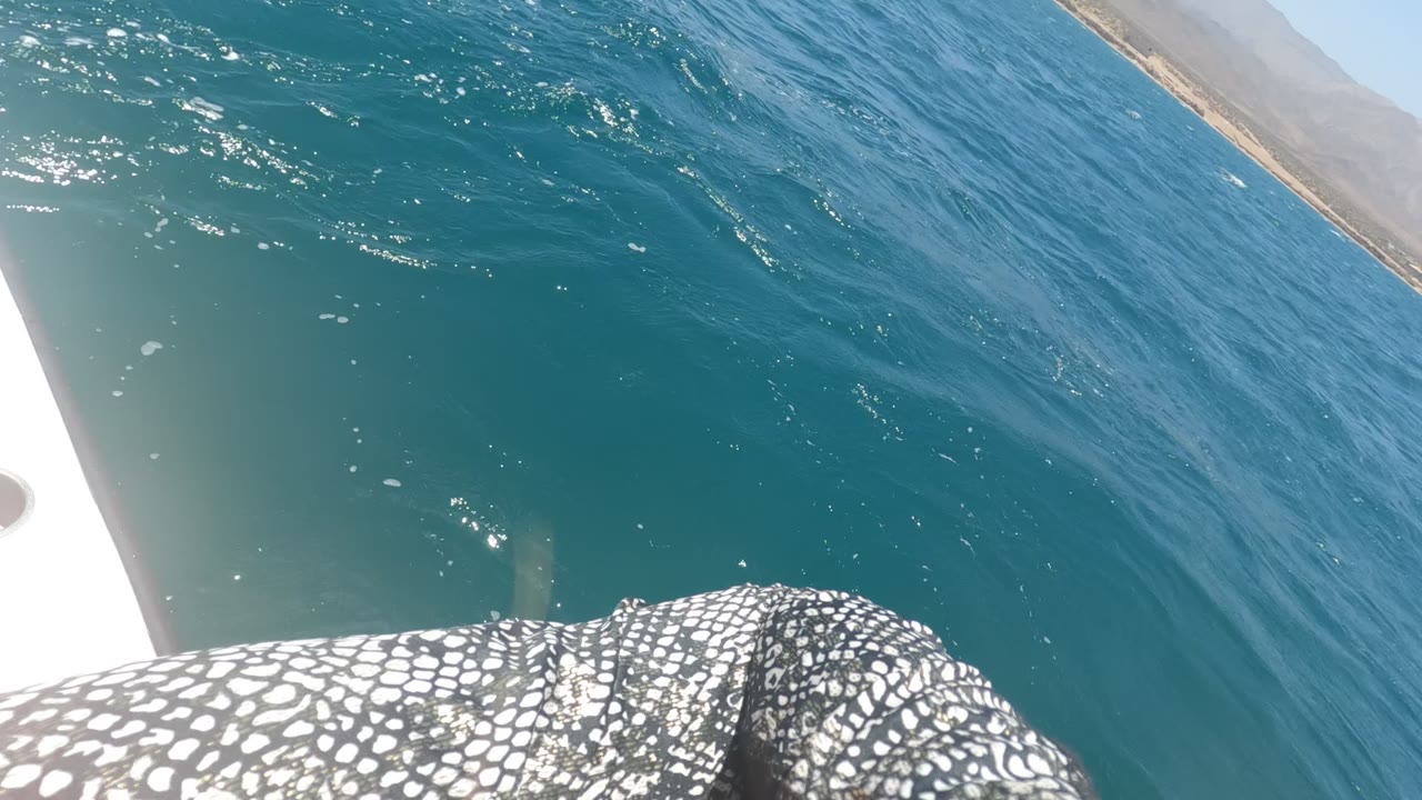 Boat edge, patterned shorts, and blue ocean with distant shore.