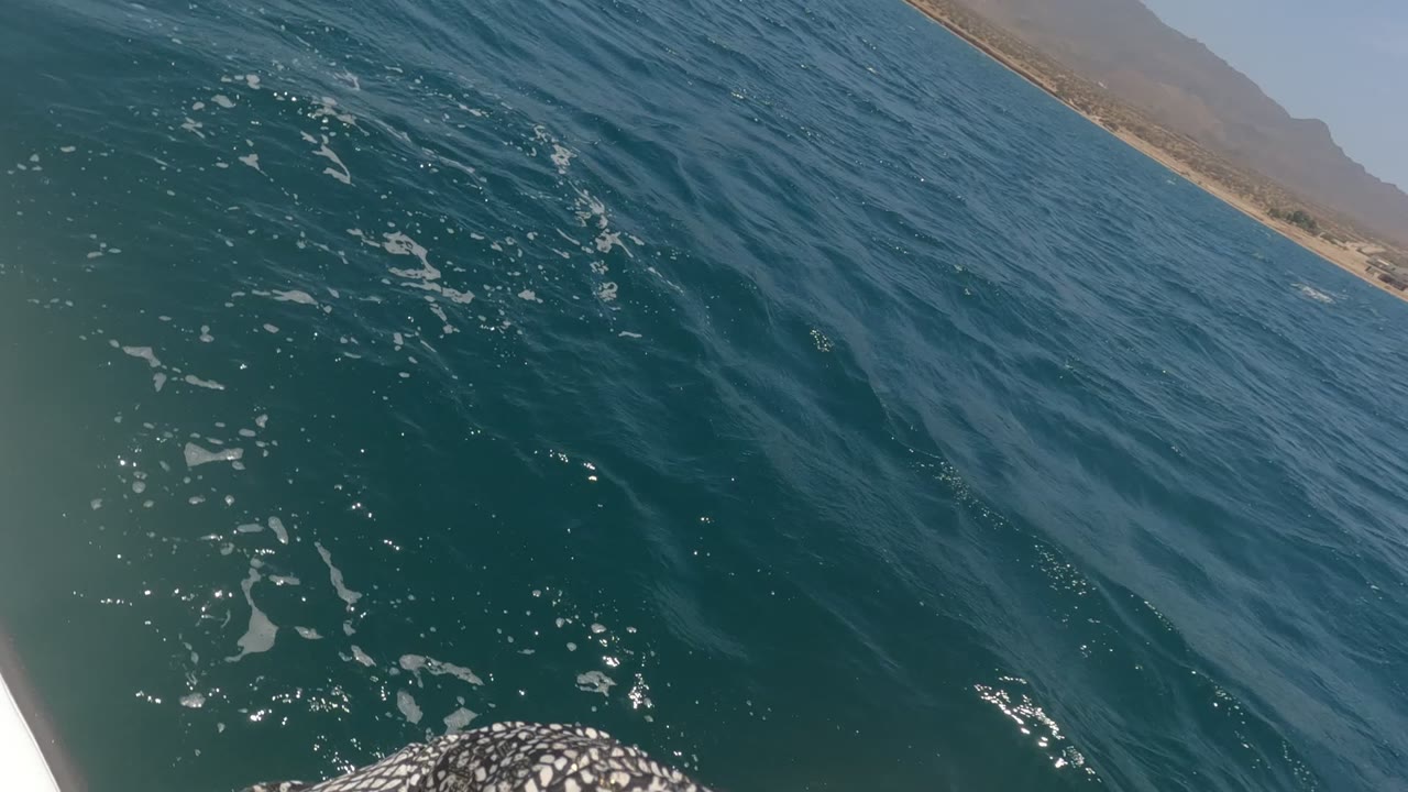 The Baja California, Mexico water view tightens on blue-green waves and foam while patterned fabric from a person's legs begins to enter at the bottom edge, with a thin coastline at the top.