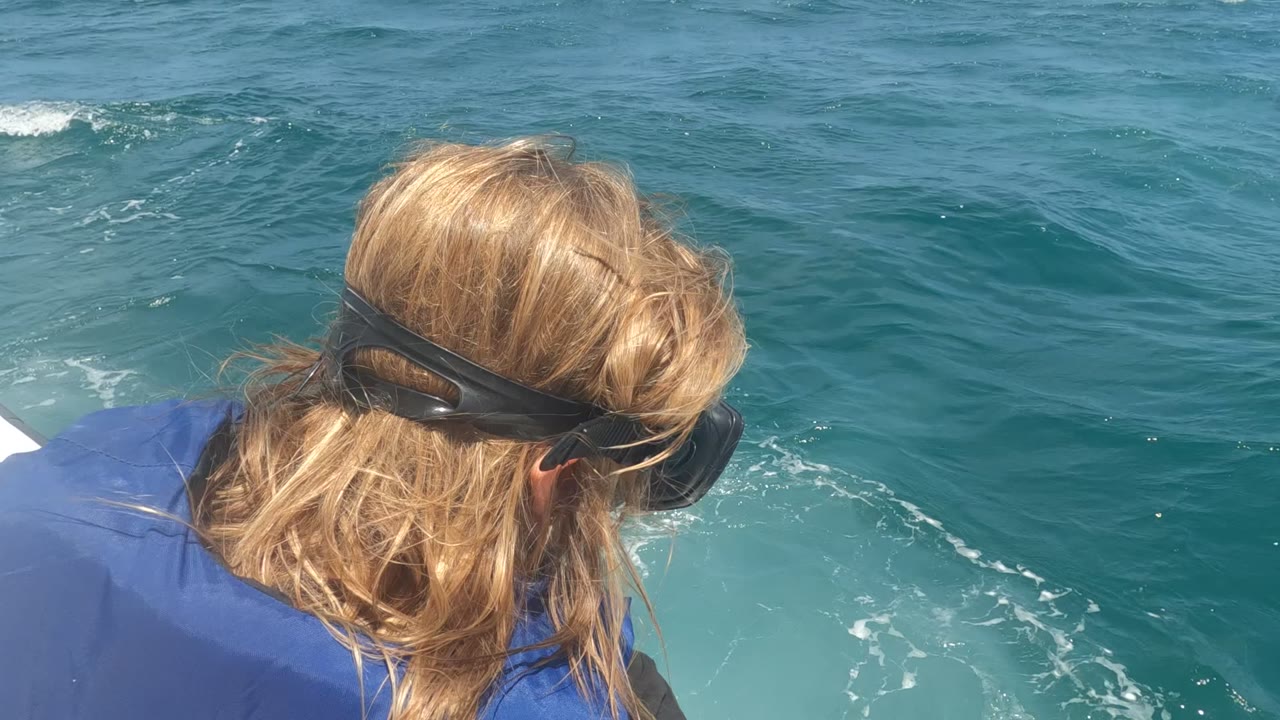 In Baja California, Mexico, a blond child wearing a blue life jacket and black snorkel mask leans near the boat edge while turquoise water churns below.
