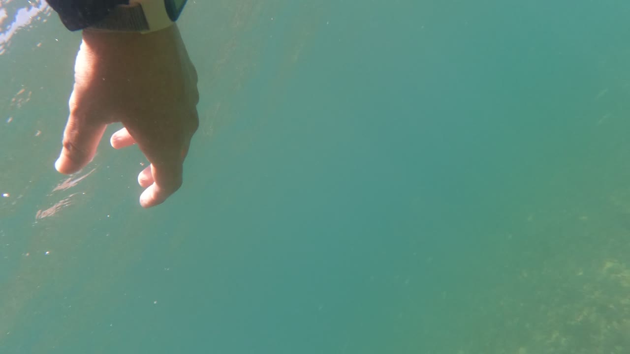 Underwater frame in Baja California, Mexico with a hand entering from the top edge, muted green-blue water, and faint seabed texture in the background.