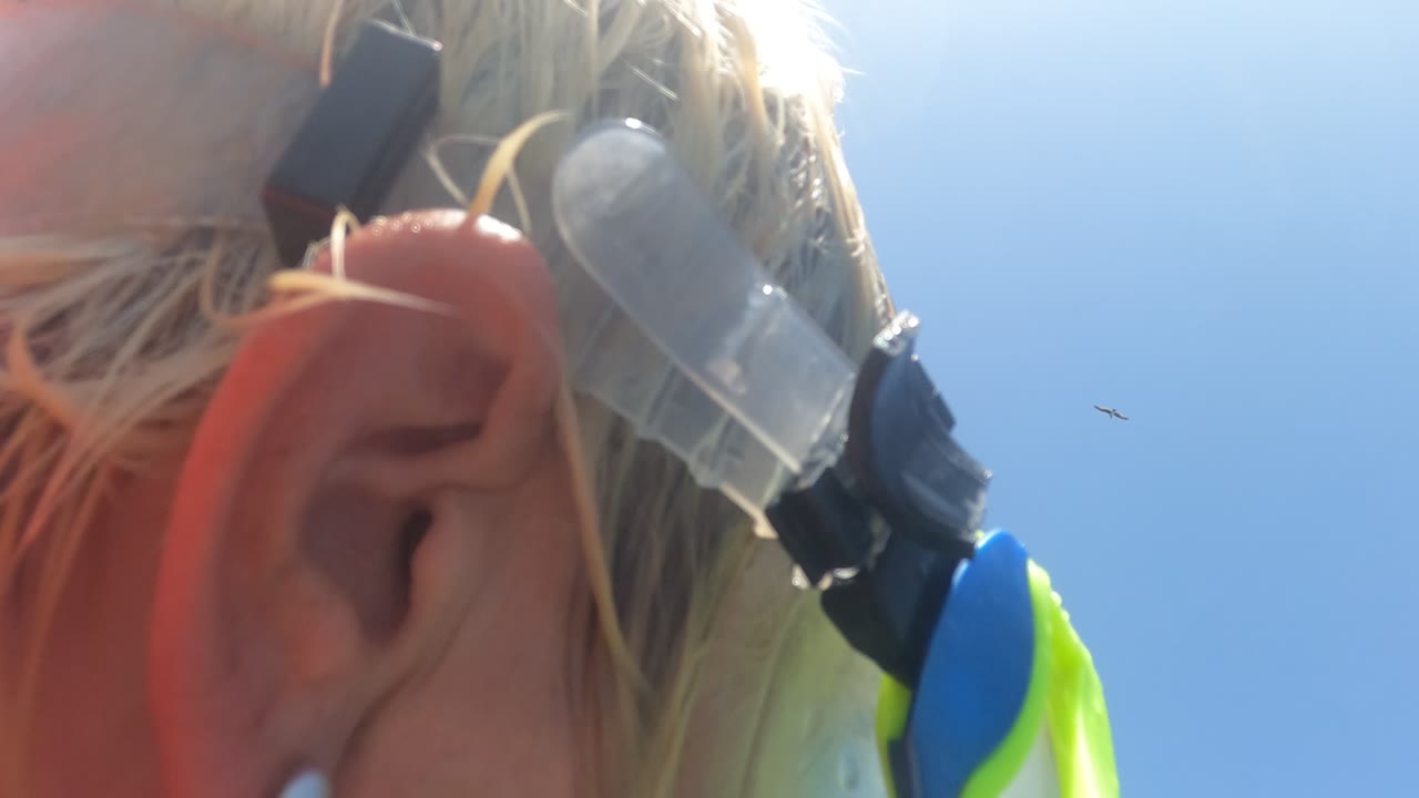 Close water-level view in Baja California, Mexico showing a snorkel mask strap, blonde hair, an ear, and bright blue sky with a tiny aircraft-like speck in the distance.
