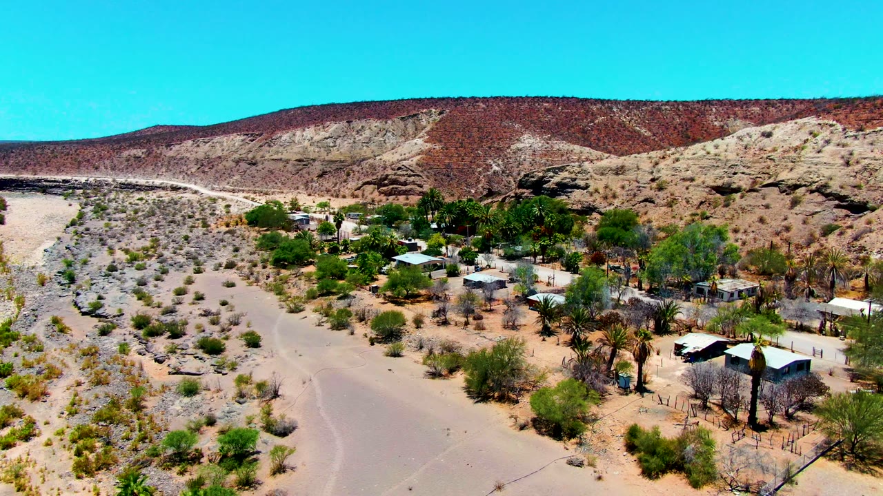 Wide drone view of dirt road and desert buildings.