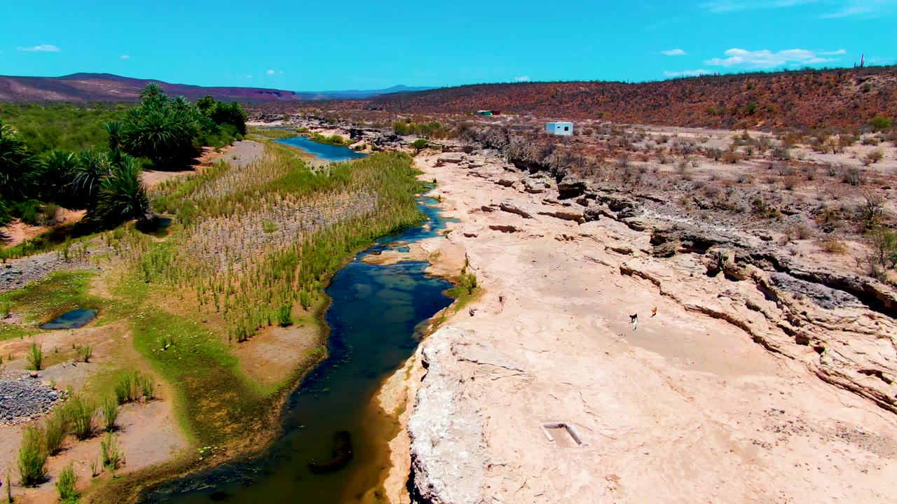 At 0:00 in San Juanico, Baja California Sur, a blue-green stream curves through dry rock and reeds with low hills in the distance and no visible people.