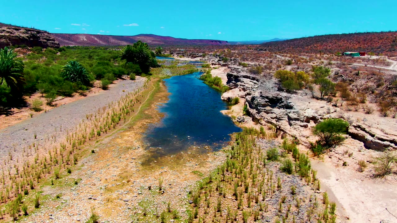 Aerial frame over San Juanico, Baja California Sur, showing a blue river channel bordered by pale rocks, sandy banks, green shrubs, palms, distant hills, and no visible people.