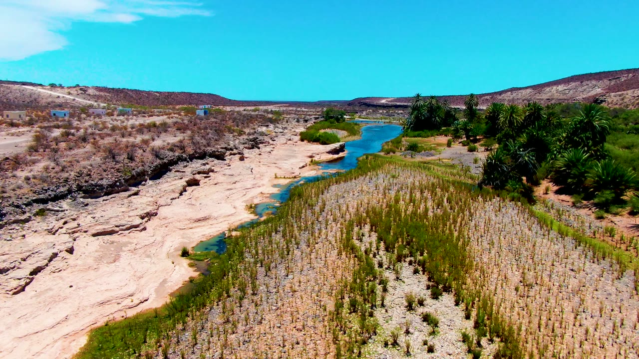 Blue river bends through an arid valley with palms and dry scrub.
