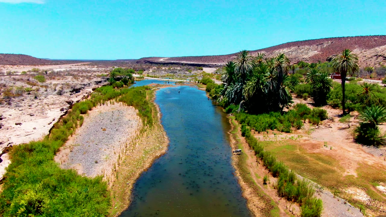 Aerial view in San Juanico, Baja California Sur, Mexico, showing a blue-green river curving past a gravel bar, palm trees, dry hills, and no visible people.